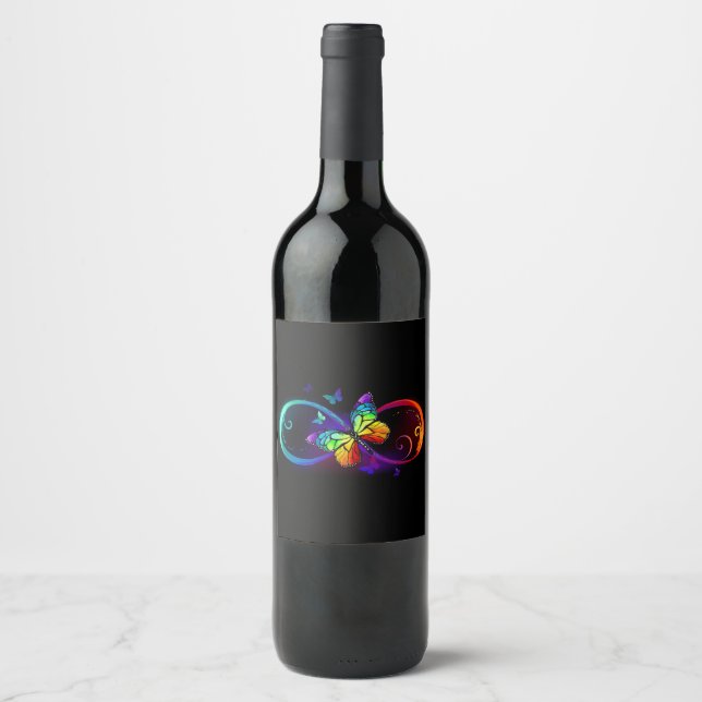 Étiquette Pour Bouteilles De Vin Vibrant infinity with rainbow butterfly on black (Devant)