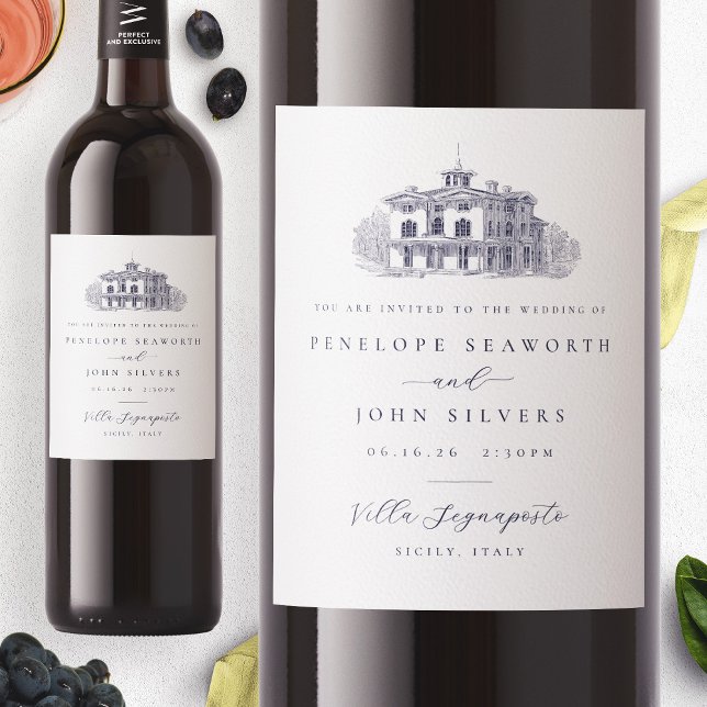 Étiquette Pour Bouteilles De Vin Villa italienne Faire-part de mariage d'illustrati (Italian Villa Illustration Wedding Invitation Wine Label)