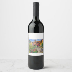 Étiquette Pour Bouteilles De Vin Village toscan avec fleurs