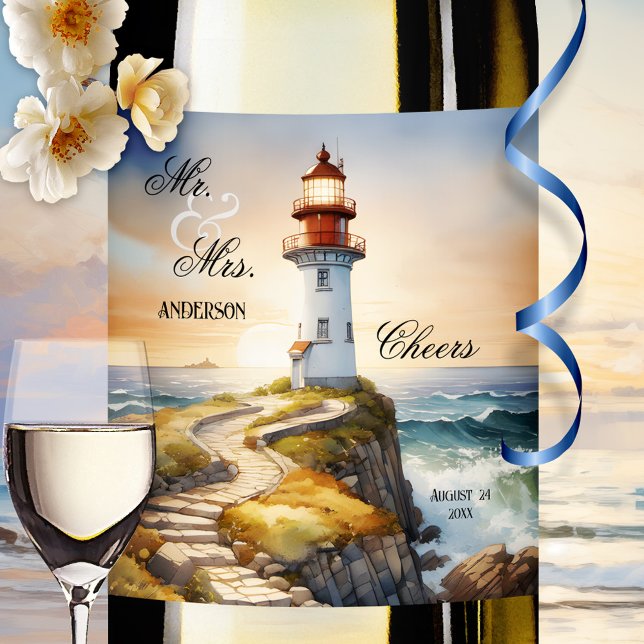 Étiquette Pour Bouteilles De Vin Watercolor Lighthouse élégant mariage (Romantic wine label featuring a watercolor painting of a lighthouse at sunset - wedding - nautical)