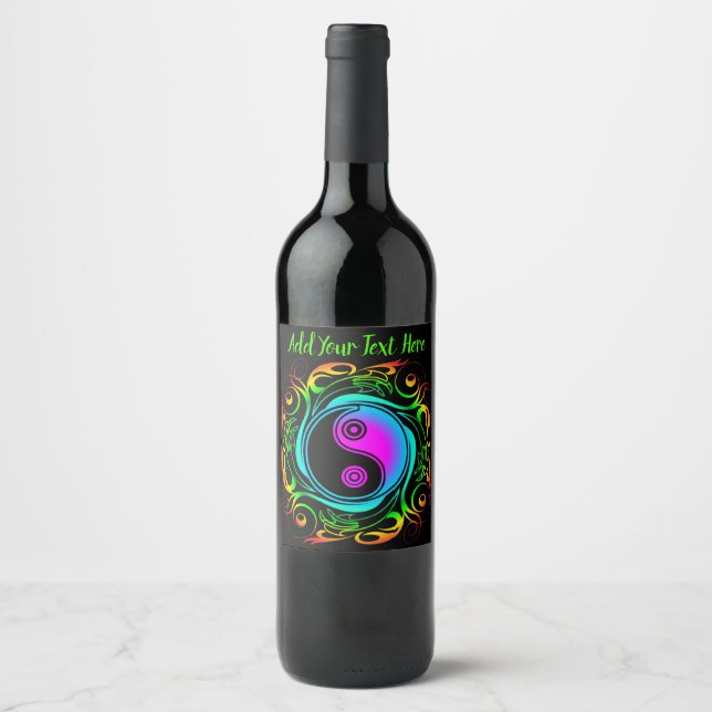 Étiquette Pour Bouteilles De Vin Yin Yang Psychedelic Rainbow Tattoo (Devant)