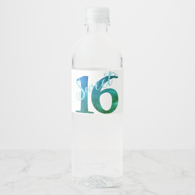 Étiquette Pour Bouteilles D'eau 16 ans | Turquoise Green Grunge et Parties scintil (Devant)