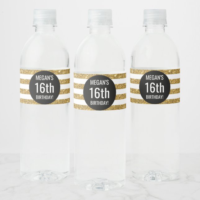 Étiquette Pour Bouteilles D'eau 16e anniversaire Black Gold Stripes (Bouteilles)