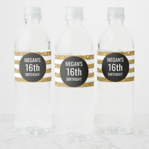 Étiquette Pour Bouteilles D'eau 16e anniversaire Black Gold Stripes