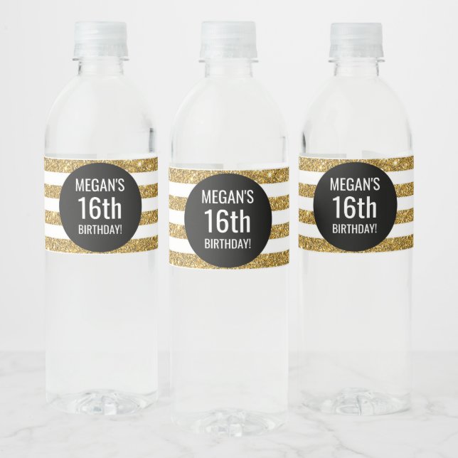 Étiquette Pour Bouteilles D'eau 16e anniversaire Black Gold Stripes (Bouteilles)
