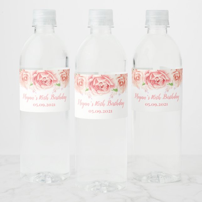 Étiquette Pour Bouteilles D'eau 16e fête d'anniversaire Gold rose Fleurs (Bouteilles)
