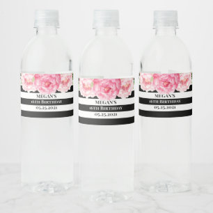 Étiquette Pour Bouteilles D'eau 16th Birthday Gold Black Stripes Pink Flowers