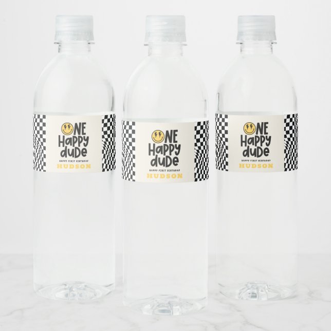Étiquette Pour Bouteilles D'eau 1anniversaire sourire visage rétro noir blanc supe (Bouteilles)