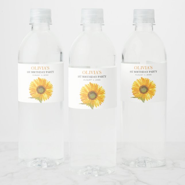 Étiquette Pour Bouteilles D'eau 1ère fête d'anniversaire Sunflower Baby Girl (Bouteilles)