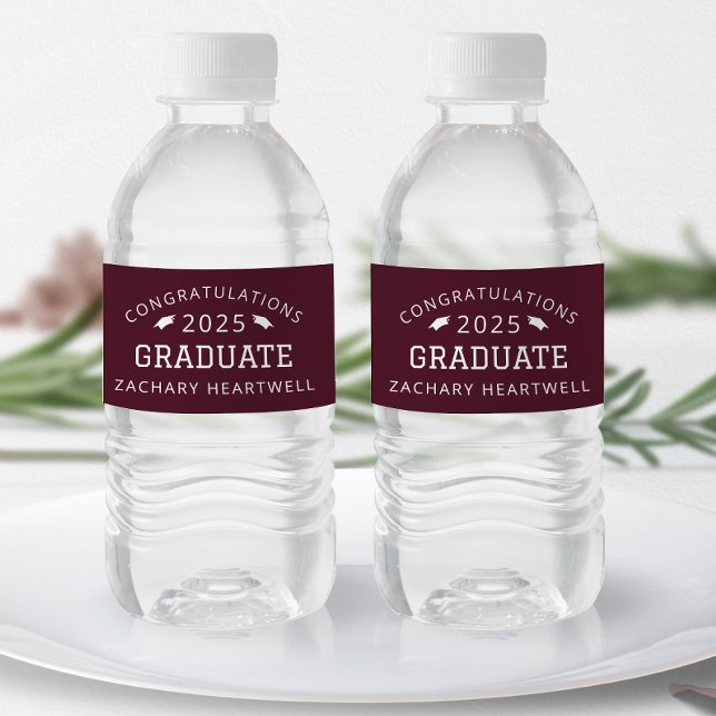 Étiquette Pour Bouteilles D'eau 2025 Sporty Burgundy White Graduation (Créateur téléchargé)