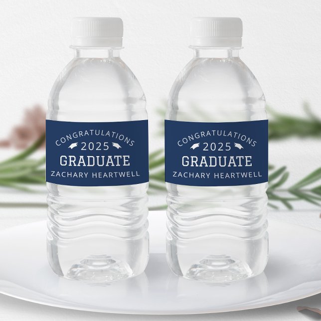 Étiquette Pour Bouteilles D'eau 2025 Sporty Navy Blue White Graduation (Créateur téléchargé)