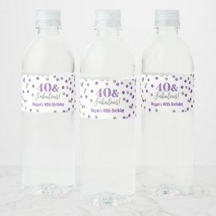 Étiquette Pour Bouteilles D'eau 40 et fabuleux Confetti d'argent mauve d'anniversa