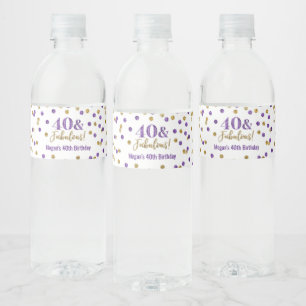 Étiquette Pour Bouteilles D'eau 40 & Fabuleux Anniversaire Purple Gold Confetti