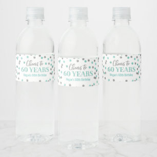 Étiquette Pour Bouteilles D'eau 60 ans d'anniversaire Aqua Silver Confetti