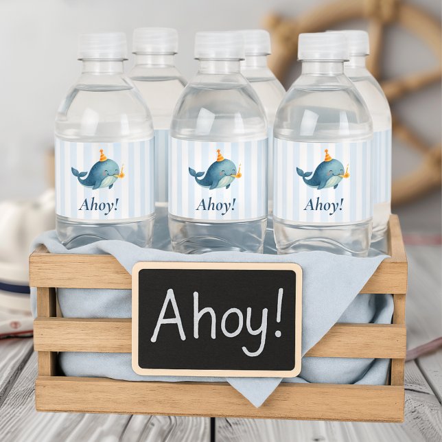 Étiquette Pour Bouteilles D'eau Ahoy Whale Nautical | Fête d'anniversaire de l'océ (Créateur téléchargé)