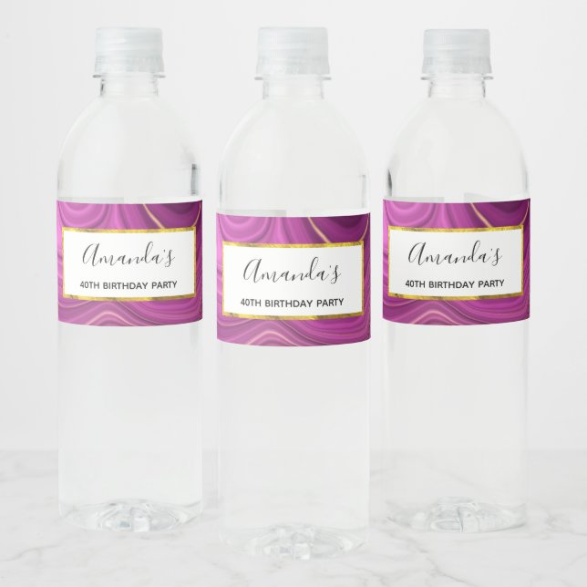 Étiquette Pour Bouteilles D'eau Améthyste Violet Et Or Agate Abstrait Anniversaire (Bouteilles)