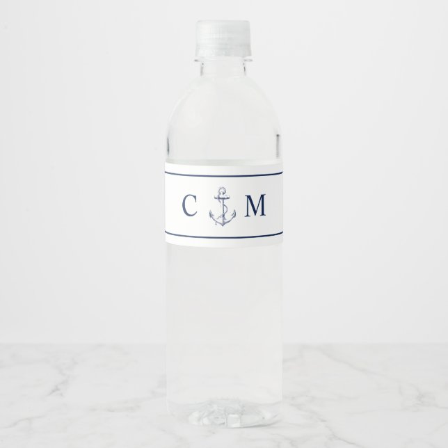 Étiquette Pour Bouteilles D'eau Ancre bleue marine Mariage initial (Devant)