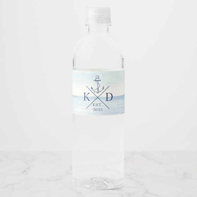 Étiquette Pour Bouteilles D'eau Ancre nautique Monogramme Aquarelle Océan (Devant)