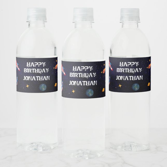 Étiquette Pour Bouteilles D'eau Anniversaire bleu de l'astronaute Galaxi (Bouteilles)