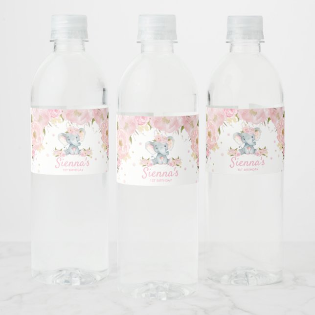 Étiquette Pour Bouteilles D'eau Anniversaire de l'éléphant floral (Bouteilles)