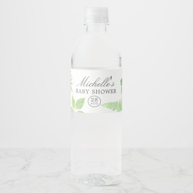 Étiquette Pour Bouteilles D'eau Aquarelle Baby shower verdoyant (Devant)