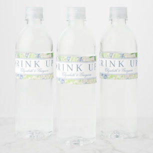Étiquette Pour Bouteilles D'eau Aquarelle Bleu et Blanc Hydrangea Crest