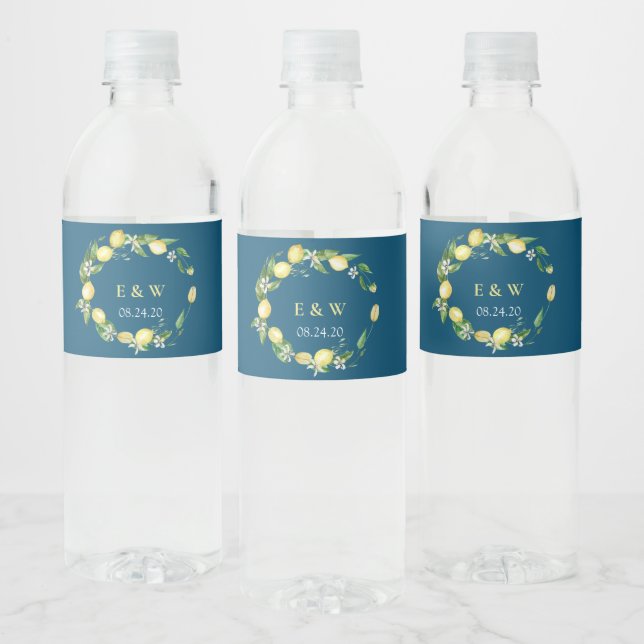 Étiquette Pour Bouteilles D'eau Aquarelle Citron et flore marine (Bouteilles)