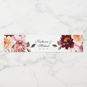 Étiquette Pour Bouteilles D'eau Aquarelle Floral Bourgogne Mariage