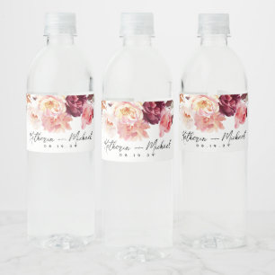 Étiquette Pour Bouteilles D'eau Aquarelle Floral Bourgogne Mariage