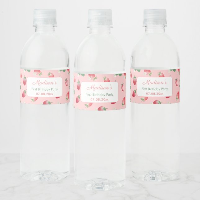Étiquette Pour Bouteilles D'eau Aquarelle fraise rose fille fête d'anniversaire (Bouteilles)