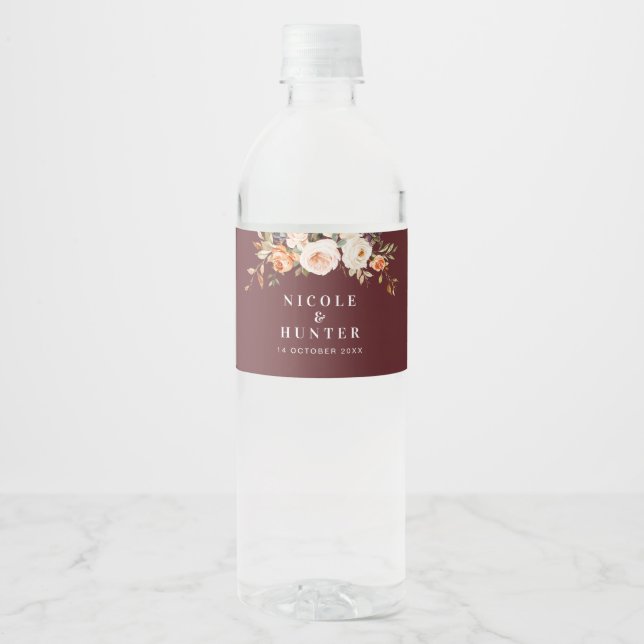 Étiquette Pour Bouteilles D'eau Aquarelle mariage floral automne (Devant)