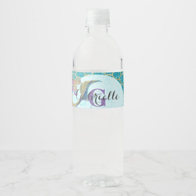 Étiquette Pour Bouteilles D'eau Aquarelle mignonne de sirène Monogramme Turquoise  (Devant)