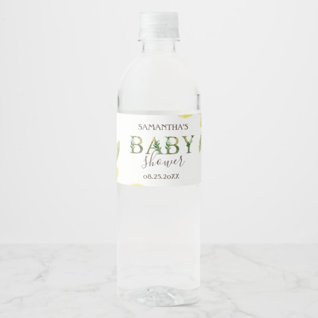 Étiquette Pour Bouteilles D'eau Baby shower aux citrons aquarelles (Devant)