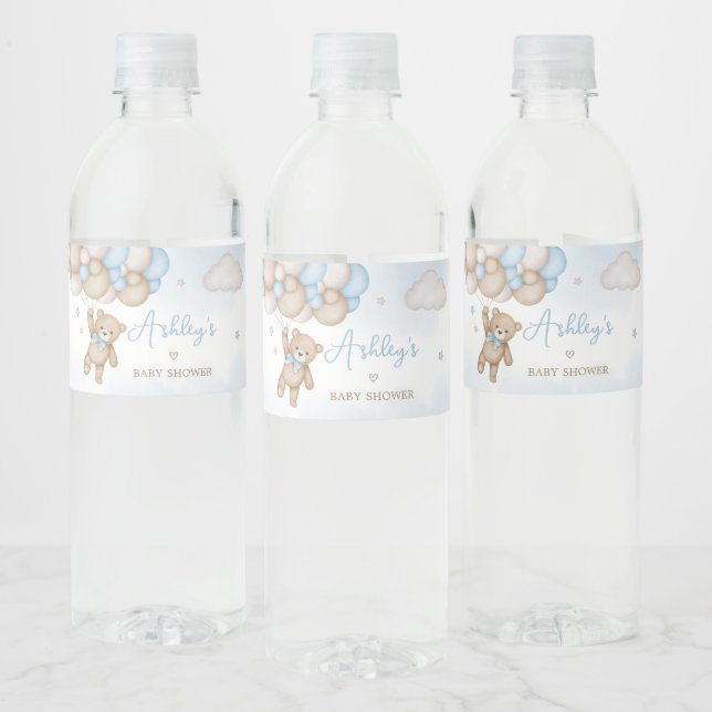 Étiquette Pour Bouteilles D'eau Baby shower Bleu Bear Balloons (Bouteilles)
