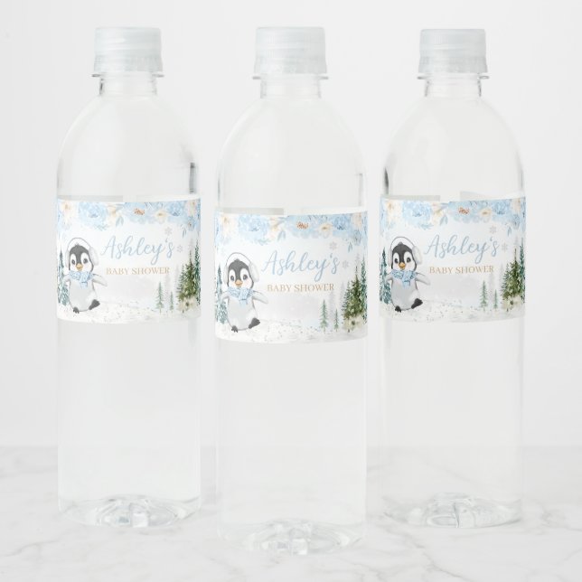Étiquette Pour Bouteilles D'eau Baby shower Blue Winter Penguin (Bouteilles)