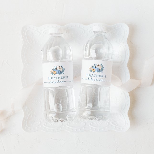 Étiquette Pour Bouteilles D'eau Baby shower d'automne doux Petit Citrouille bleu (Créateur téléchargé)