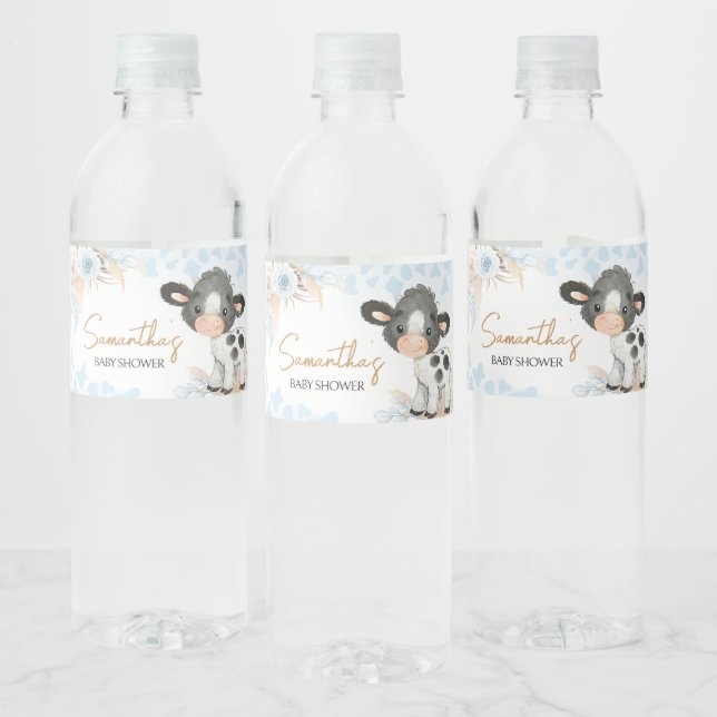 Étiquette Pour Bouteilles D'eau Baby shower de la vache bleue (Bouteilles)