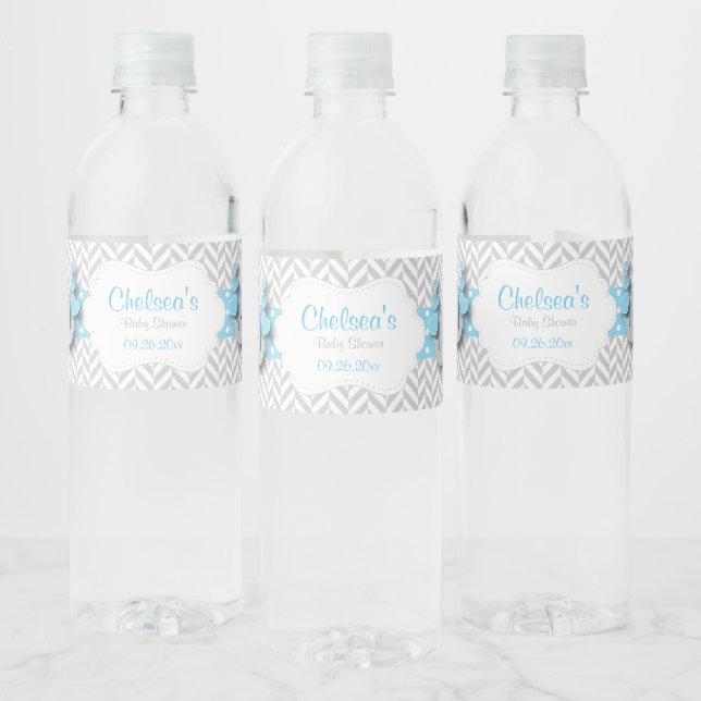 Étiquette Pour Bouteilles D'eau Baby shower d'éléphant bleu, gris blanc (Bouteilles)