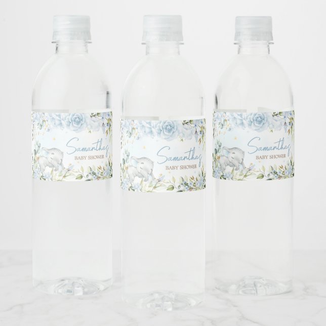 Étiquette Pour Bouteilles D'eau Baby shower d'éléphant floral bleu (Bouteilles)