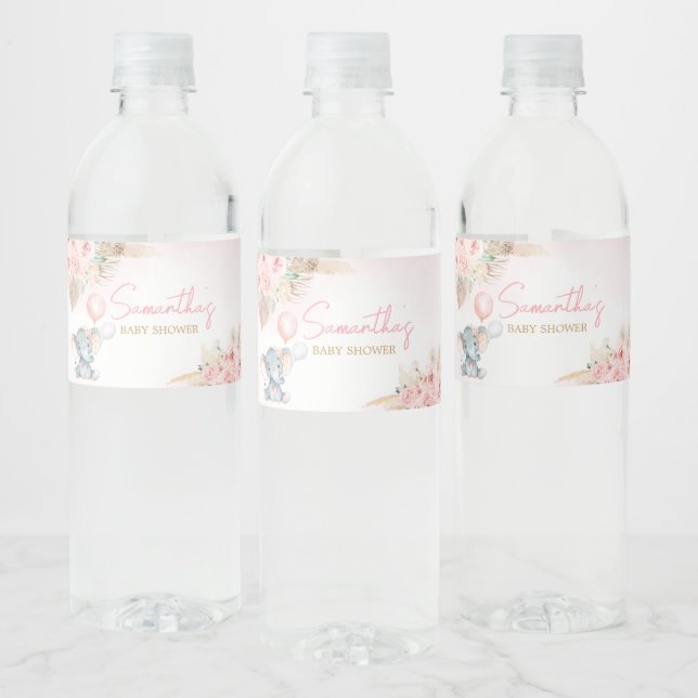 Étiquette Pour Bouteilles D'eau Baby shower d'éléphant rose à ballon (Bouteilles)