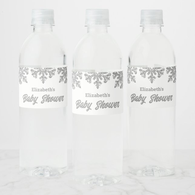 Étiquette Pour Bouteilles D'eau Baby shower d'hiver Silver Snowflake (Bouteilles)