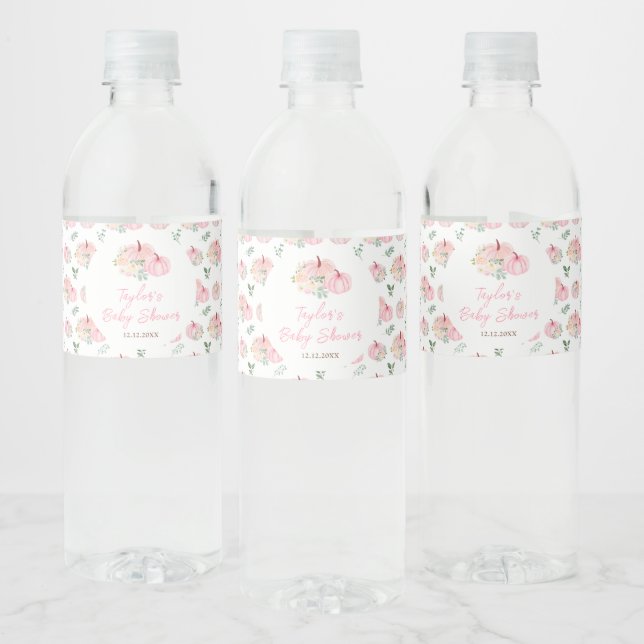 Étiquette Pour Bouteilles D'eau Baby shower Floral Citrouille rose (Bouteilles)