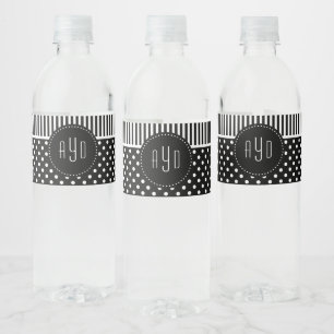 Étiquette Pour Bouteilles D'eau Bandes noires et blanches et monogramme pointillé