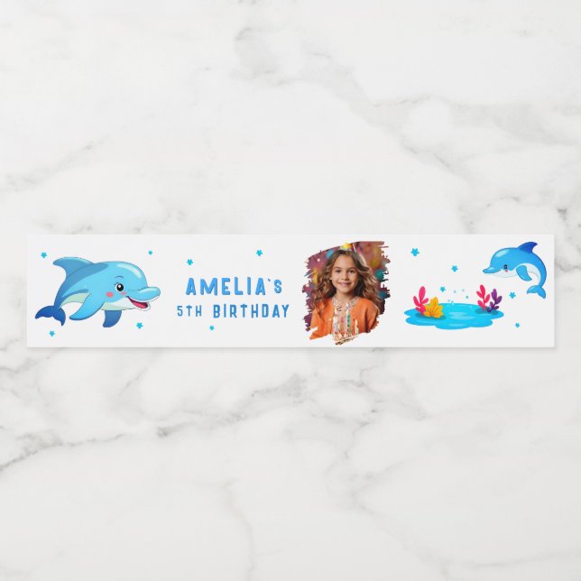 Étiquette Pour Bouteilles D'eau Belle Dolphin Sea Animaux Photo Anniversaire (Étiquettes simples)
