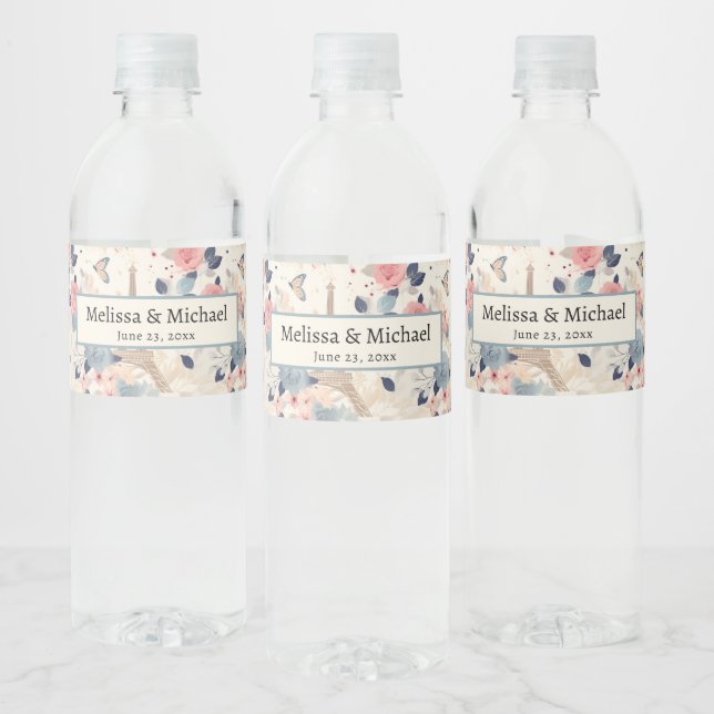Étiquette Pour Bouteilles D'eau Belles Fleurs et Tour Eiffel Paris Mariage (Bouteilles)