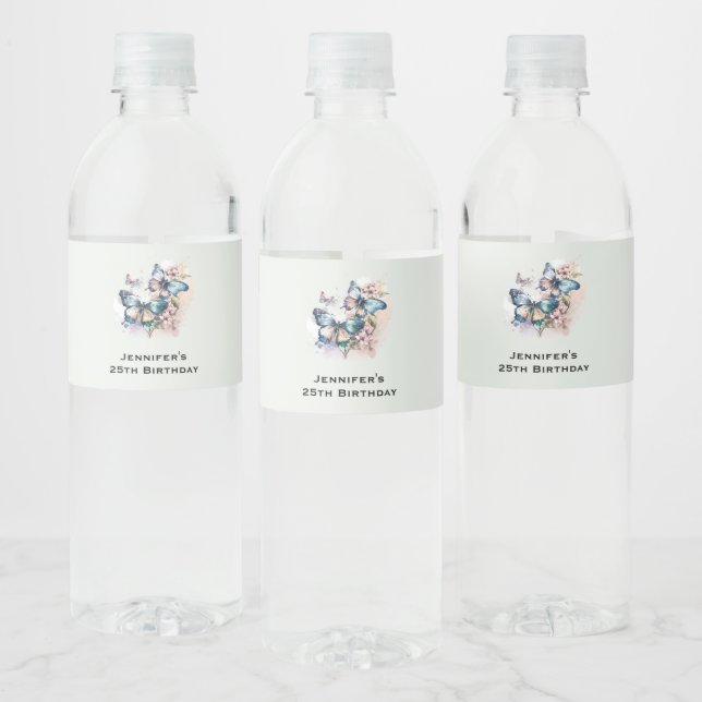 Étiquette Pour Bouteilles D'eau Belles papillons et fleurs Anniversaire (Bouteilles)