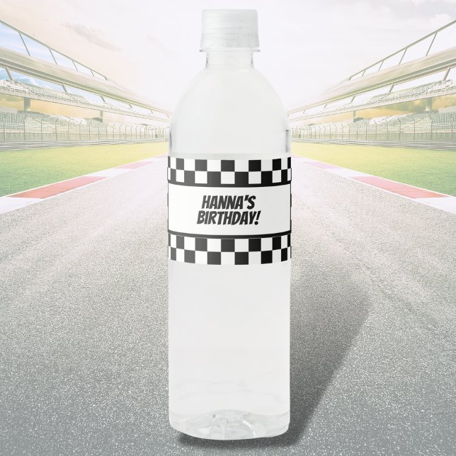 Étiquette Pour Bouteilles D'eau Black White Check Motif Racing thème Anniversaire (Créateur téléchargé)