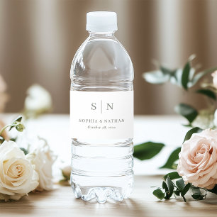 Étiquette Pour Bouteilles D'eau Blanc et Sage minimes et chic   Mariage monogramme