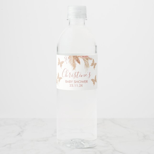 Étiquette Pour Bouteilles D'eau Bleu Boho Floral Butterfly Baisers Bébé Voeux bébé (Devant)