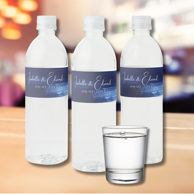 Étiquette Pour Bouteilles D'eau Bleu Nuit Moderne & Traits de Pinceau à l'Aquarell (Créateur téléchargé)